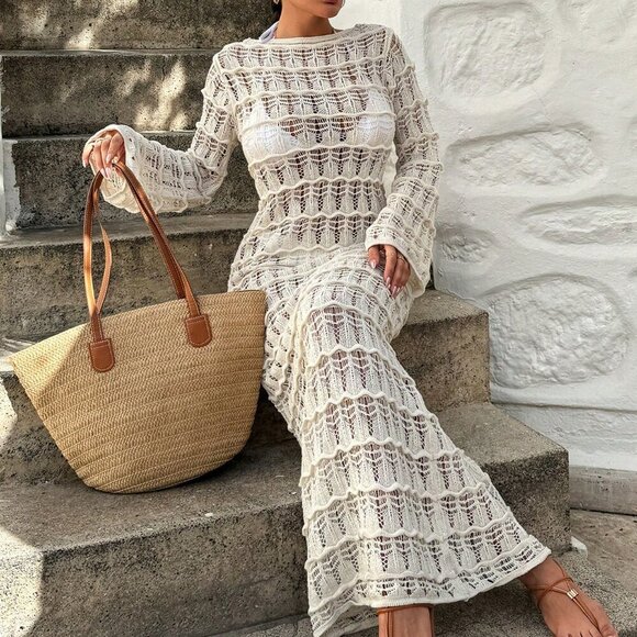 Beige Women's Crochet Jacquard Long Cover Up Dress - Picture 5 of 6